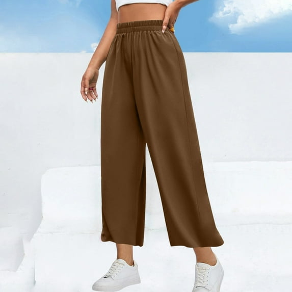 WIZUTIZ Women Dress Pants Vintage Casual Loose Wide Leg Slacks Pants Elastic Spandex High Waist 7/8 Length Dress Pants Solid Straight Leg Summer Pants for Ladies Athletic Date Brown
