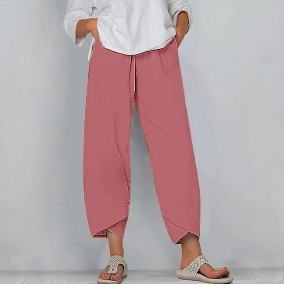 WIZUTIZ Women Work Pants Oversized Leisure Loose Wide Leg Slacks Pants Spandex Elastic High Rise 7/8 Length Summer Pants Solid Asymmetrical Cropped Palazzo Pants for Lady Gym Beach Pink