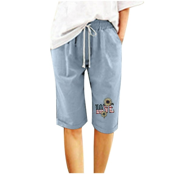 WIZUTIZ Women's Athletic Shorts Active Wide Leg Relaxed Loose Shorts Mid Rise Floral Print Shorts Knee-Length with Pockets Rolled Hem Drawstring Trousers for Lady Trendy Travel Blue Linen