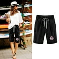thumbnail image 1 of WIZUTIZ Women's Athletic Shorts Leisure Wide Leg Active Loose Shorts Mid Rise Sunflowers Print Trousers Knee-Length with Pockets Rolled Hem Drawstring Trousers for Lady Stretch Work Black Linen, 1 of 3