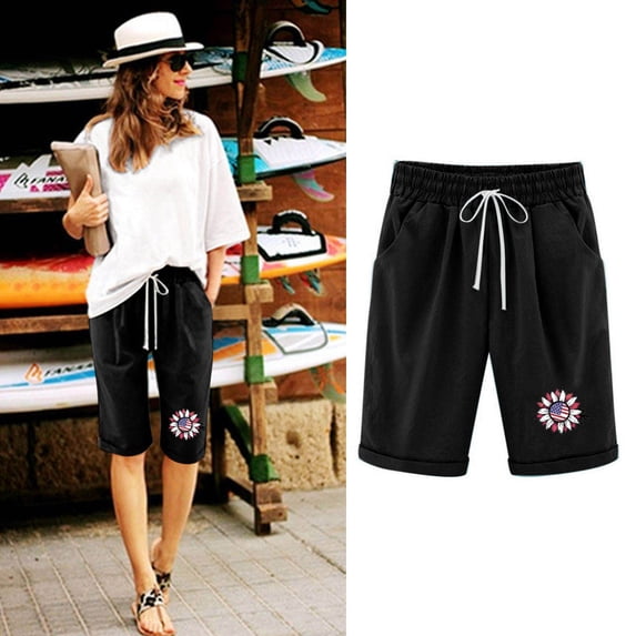 WIZUTIZ Women's Athletic Shorts Leisure Wide Leg Active Loose Shorts Mid Rise Sunflowers Print Trousers Knee-Length with Pockets Rolled Hem Drawstring Trousers for Lady Stretch Work Black Linen