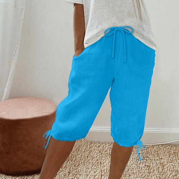 WIZUTIZ Women's Bermuda Shorts Long Relaxed Wide Leg Sports Loose Shorts Mid Rise Solid Shorts Knee-Length with Pockets Tie Side Jogging Trousers for Ladies Trendy Anniversary Blue Linen