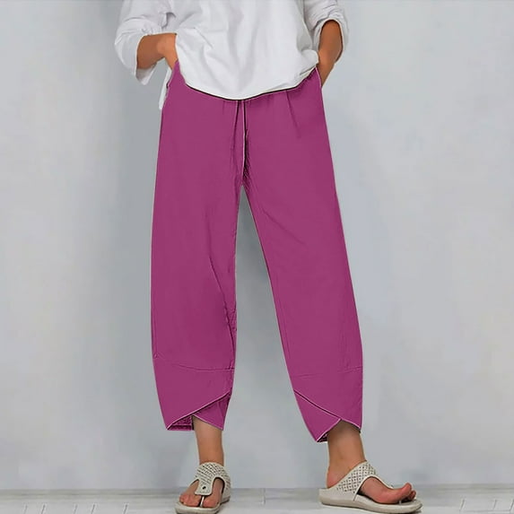 WIZUTIZ Women's Capris Soft Leisure Loose Wide Leg Sweatpants Elastic Spandex Mid Rise 3/4 Length Slacks Pants Solid Tailored with Pockets Summer Pants for Lady Sports Travel Pink