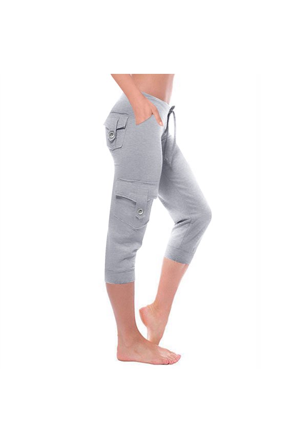 Women's Capris Soft Stylish Straight Leg Capris SweatPants Elastic Spandex Mid Rise Cargo Pants Slacks Pants Solid Drawstring Yoga Pants Multi Pockets Beach Pants for Lady Swim Outdoor Gray