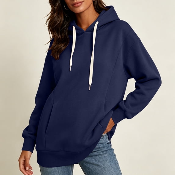 WIZUTIZ Women's Casual Hooded Pocket Sweatshirt Long Sleeve Pullover Hoodie Solid Color Relaxed Fit Fall Winter Everyday Warm Top