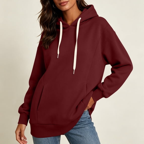 WIZUTIZ Women's Casual Hooded Pocket Sweatshirt Long Sleeve Pullover Hoodie Solid Color Relaxed Fit Fall Winter Everyday Warm Top