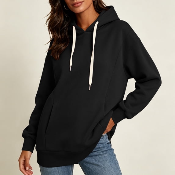 WIZUTIZ Women's Casual Hooded Pocket Sweatshirt Long Sleeve Pullover Hoodie Solid Color Relaxed Fit Fall Winter Everyday Warm Top