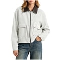 thumbnail image 1 of WIZUTIZ Women's Corduroy Baseball Jacket Leather Collar Zip Up Pockets Long Sleeve Vintage, 1 of 9