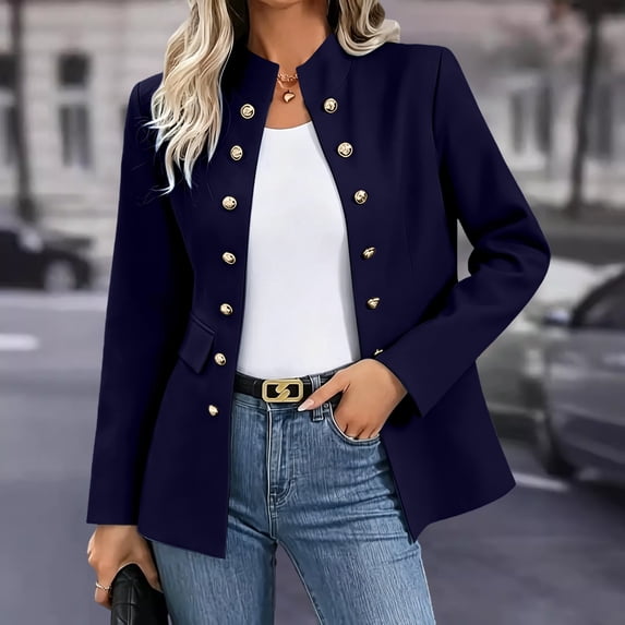 WIZUTIZ Women's Double Breasted Blazer Coat Stand Collar Long Sleeve Solid Color Winter