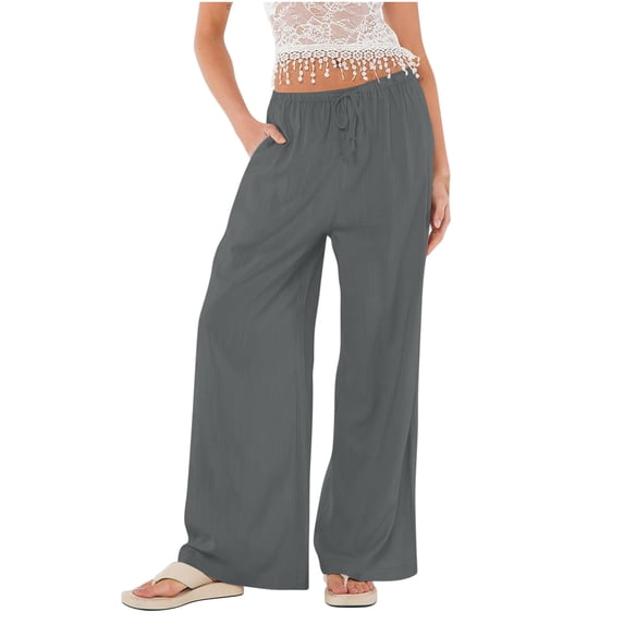WIZUTIZ Women's Dress Pants Classic Relaxed Relaxed Fit Wide Leg Pants Elastic Stretch High Rise Summer Pants Solid Drawstring with Pockets Dress Pants Business Swimming Pool Gray