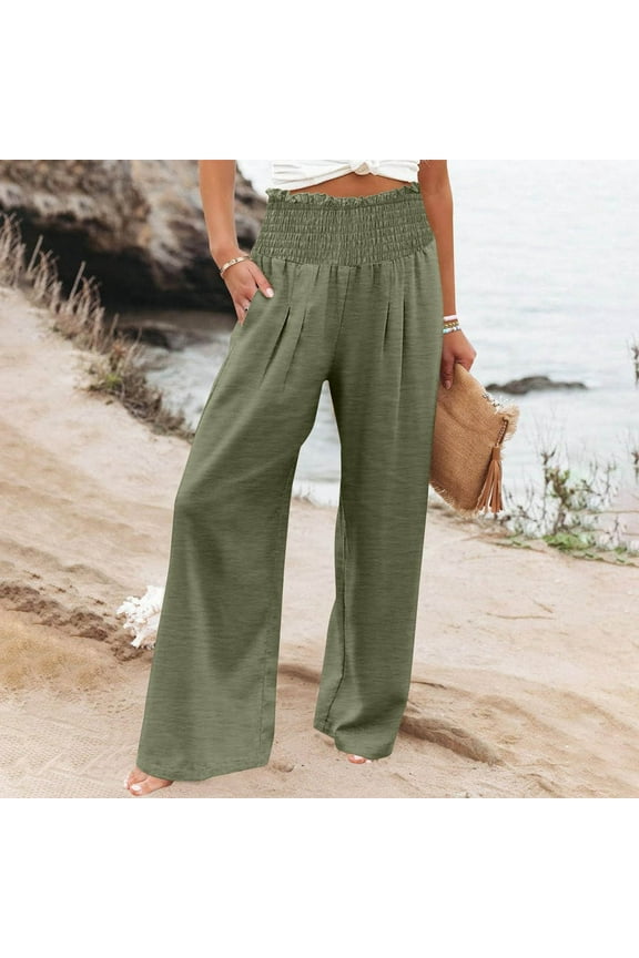 Women's Dress Pants Retro Trendy Baggy Wide Leg Trousers Elastic Stretch High Rise Full Length Dress Pants Solid with Pockets Trousers for Lady Workout Party Green