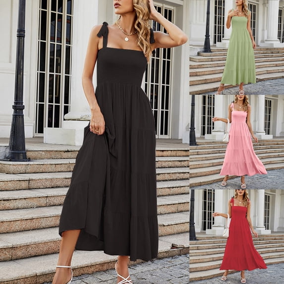 WIZUTIZ Women's Dresses Summer Casual Plus Size High Rise Adjustable Strap Solid Pleated Dress Sleeveless V-Neck Sun Dress for Lady Ankle-Length Wrinkle-Free Date Dress Black