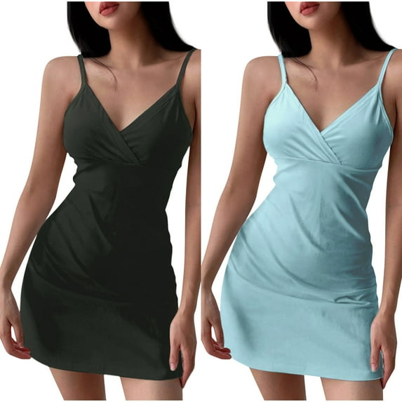 WIZUTIZ Women's Dresses Summer Casual Plus Size High Waist Spaghetti Strap Solid Peplum Dress Sleeveless V-Neck Tank Dress for Women's Mini Dress Thin Work Dress Blue