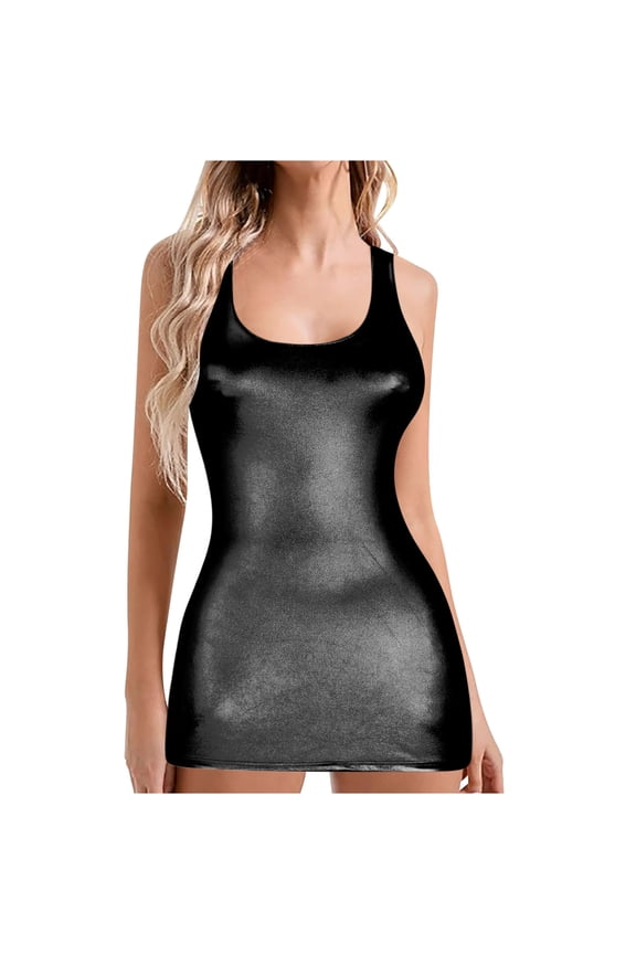 Women's Dresses Summer Casual Slimming Wrap Mini Dress Solid Vacation Dress U Neck Sleeveless Beach Dress for Lady Glitter Linen Birthday Dress Black S