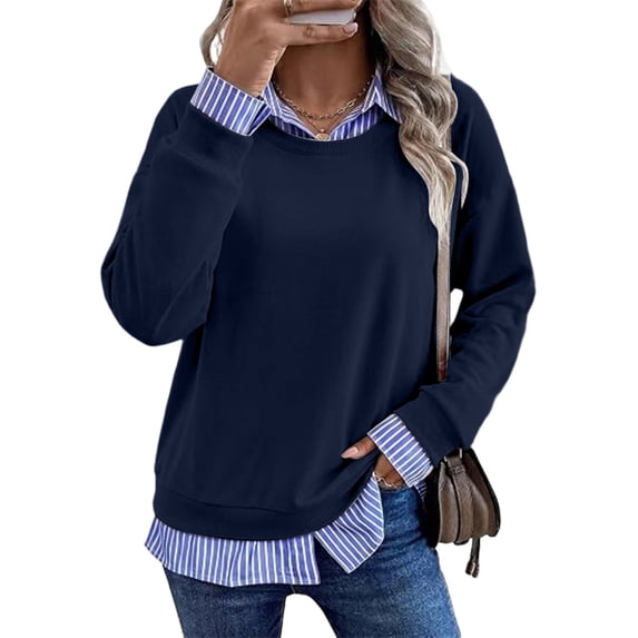 WIZUTIZ Women's Fake Two-Piece Striped Sweatshirt Long Sleeve Layered Look Crew Neck Pullover Top for Fall
