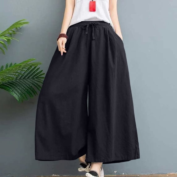 WIZUTIZ Women's Ice Silk Wide Leg Cropped Pants High Waist Elastic Band Lightweight Breathable Summer Trousers Solid Color Flowy Chic Soft