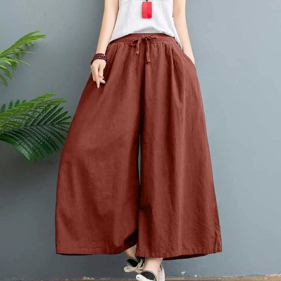 WIZUTIZ Women's Ice Silk Wide Leg Cropped Pants High Waist Elastic Band Lightweight Breathable Summer Trousers Solid Color Flowy Chic Soft