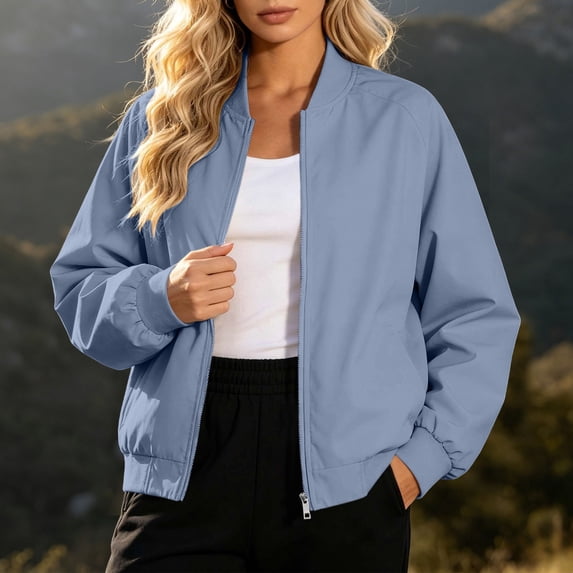 WIZUTIZ Women's Lightweight Windproof Cropped Jacket Stand Collar Zip Up Long Sleeve Solid Color Casual