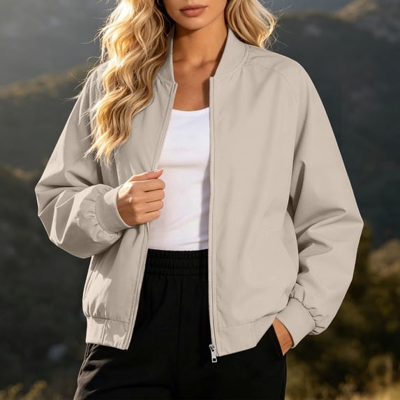 WIZUTIZ Women's Lightweight Windproof Cropped Jacket Stand Collar Zip Up Long Sleeve Solid Color Casual