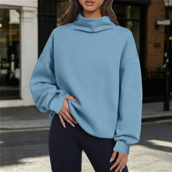 WIZUTIZ Women's Mock Neck Sweatshirt Long Sleeve Solid Color Casual Pullover Top Loose Fit for Everyday