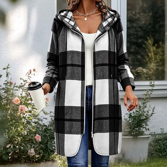 WIZUTIZ Women's Plaid Long Sleeve Zip Up Hooded Jacket Loose Fit Long Length Casual Coat Fall Winter Trendy Layering Outerwear with Pockets