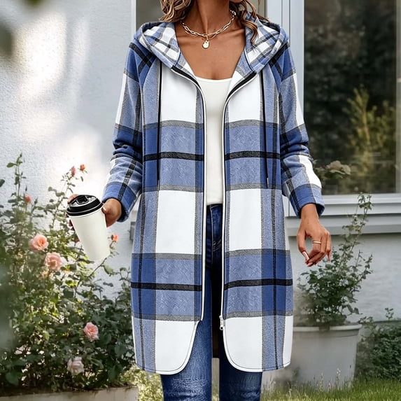 WIZUTIZ Women's Plaid Long Sleeve Zip Up Hooded Jacket Loose Fit Long Length Casual Coat Fall Winter Trendy Layering Outerwear with Pockets