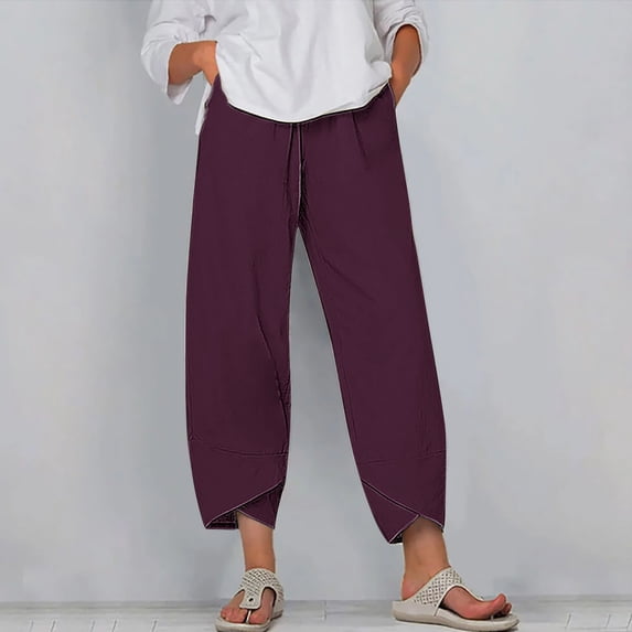 WIZUTIZ Women's Plus Size Pants Comfy Leisure Relaxed Fit Wide Leg Slacks Pants Elastic Stretch High Rise 7/8 Length Palazzo Pants Solid Asymmetrical Cropped Trousers for Lady Activewear Party Purple