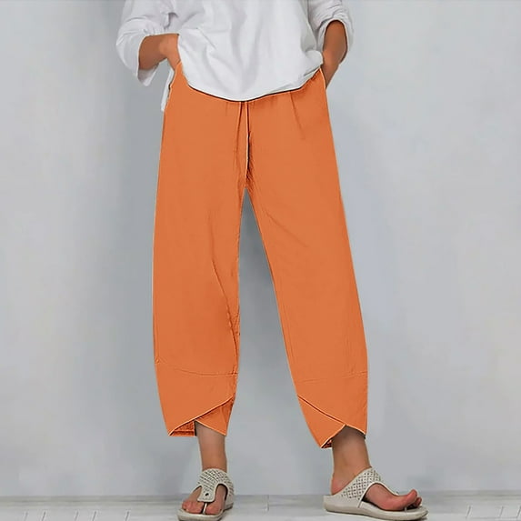 WIZUTIZ Women's Plus Size Pants Comfy Leisure Relaxed Fit Wide Leg Sweatpants Spandex Elastic High Waist 7/8 Length Palazzo Pants Solid Asymmetrical Cropped Sweatpants for Ladies Office Club Orange