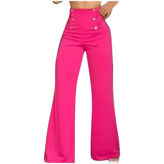 WIZUTIZ Women's Plus Size Pants Plain Casual Loose Wide Leg Summer Pants Spandex Elastic High Rise Full Length Beach Pants Solid Button Flared Slacks Pants for Ladies Tiktok Trend Items Party Pink