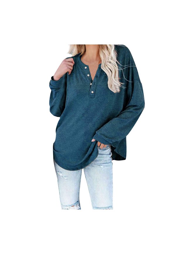 Women's Pullover Button Shirts New Trendy Sweatshirts Womens Casual Round Neck Long Sleeve Loose Tops