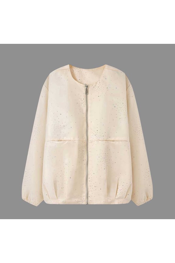 Women's Rhinestone Zip Up Jacket Crew Neck Long Sleeve Solid Color Pocket Casual
