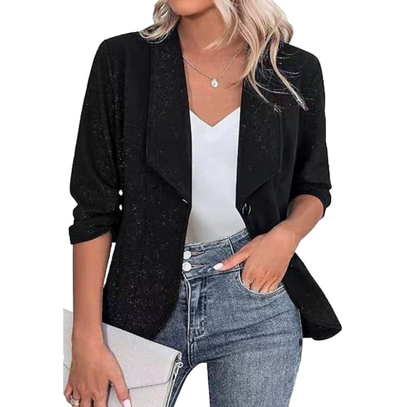 WIZUTIZ Women's Slim Fit Blazer Cardigan Turn Down Collar Long Sleeve Stretch Solid Color