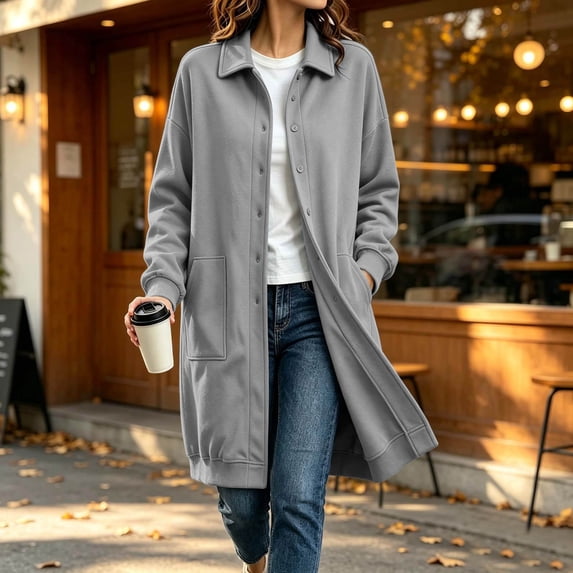 WIZUTIZ Women's Solid Color Button Down Lapel Collar Coat Mid-Length Long Sleeve Pockets Loose Fit Casual Winter Warm Outerwear