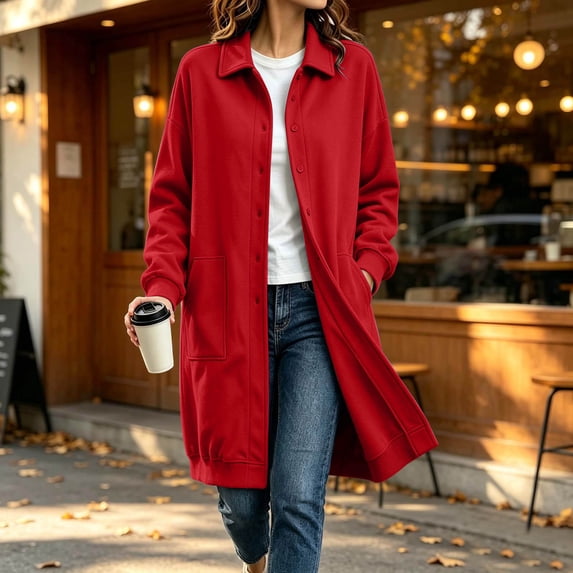 WIZUTIZ Women's Solid Color Button Down Lapel Collar Coat Mid-Length Long Sleeve Pockets Loose Fit Casual Winter Warm Outerwear