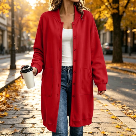 WIZUTIZ Women's Solid Color Button Front Jacket Mid-Length Long Sleeve Pockets Loose Fit Casual Winter Warm Coat Outerwear