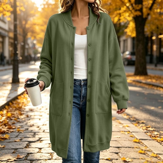 WIZUTIZ Women's Solid Color Button Front Jacket Mid-Length Long Sleeve Pockets Loose Fit Casual Winter Warm Coat Outerwear
