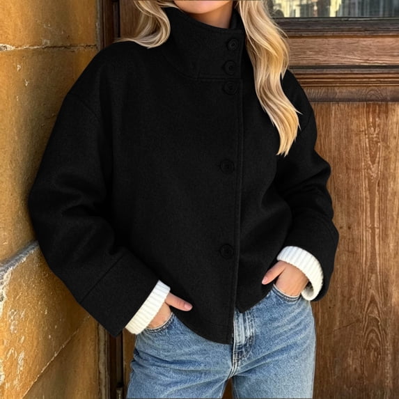 WIZUTIZ Women's Solid Color Button Front Jacket Turn Down Collar Long Sleeve Loose Casual