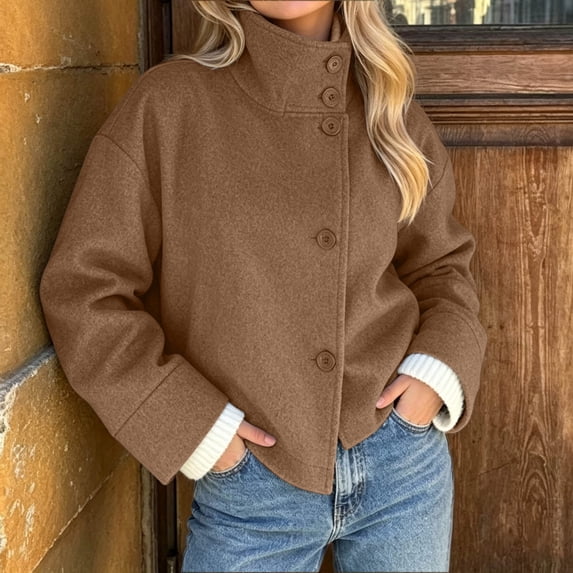 WIZUTIZ Women's Solid Color Button Front Jacket Turn Down Collar Long Sleeve Loose Casual
