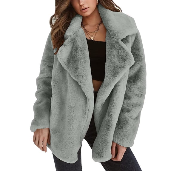 WIZUTIZ Women's Solid Color Cardigan Coat Lapel Collar Long Sleeve Soft Fleece Fall Winter