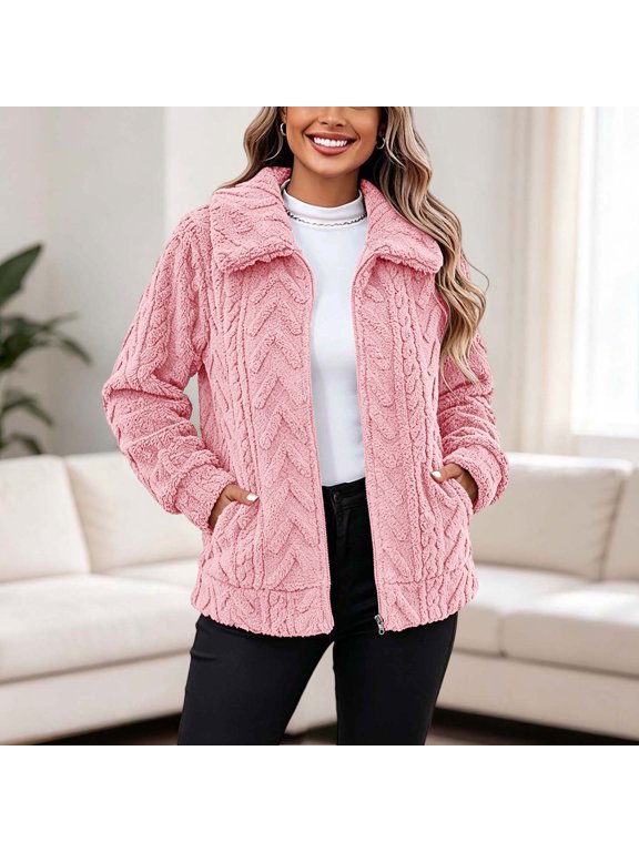 Women's Solid Color Double-Sided Fleece Jacquard Lapel Collar Jacket Long Sleeve Warm Winter Coat Loose Fit Cozy Outerwear with Pockets