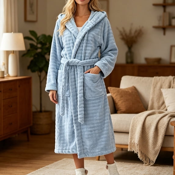 WIZUTIZ Women's Solid Color Fleece Hooded Thick Flannel Bathrobe Long Robe with Belt and Pockets Unisex Loungewear Winter Cozy Sleepwear
