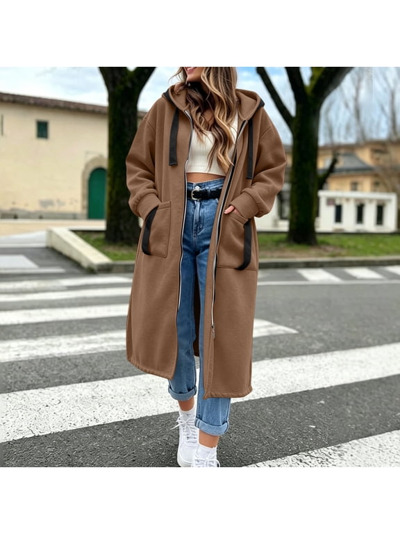 Women's Solid Color Full-Length Zip Up Hoodie Maxi Cardigan Coat Oversized Long Sleeve Pockets Casual Winter Warm Loungewear Outerwear