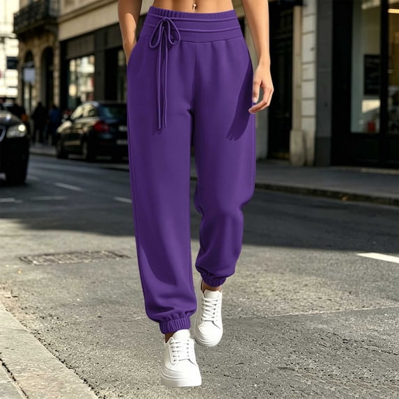 WIZUTIZ Women's Solid Color High Rise Elastic Drawstring Sweatpants with Decorative Ties and Pockets Long Length Casual Lounge Trousers Everyday Soft Stretchy