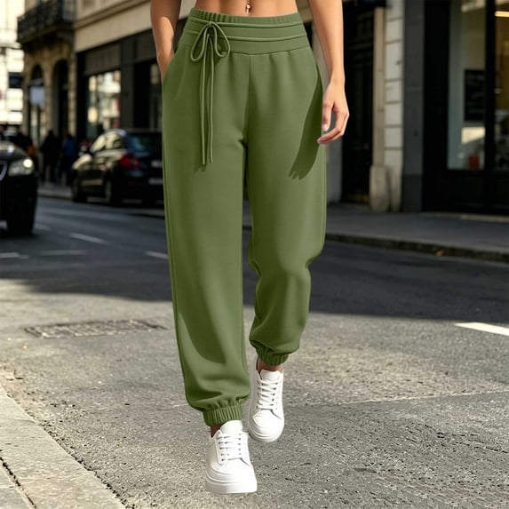 WIZUTIZ Women's Solid Color High Rise Elastic Drawstring Sweatpants with Decorative Ties and Pockets Long Length Casual Lounge Trousers Everyday Soft Stretchy
