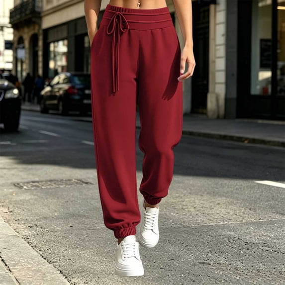 WIZUTIZ Women's Solid Color High Rise Elastic Drawstring Sweatpants with Decorative Ties and Pockets Long Length Casual Lounge Trousers Everyday Soft Stretchy