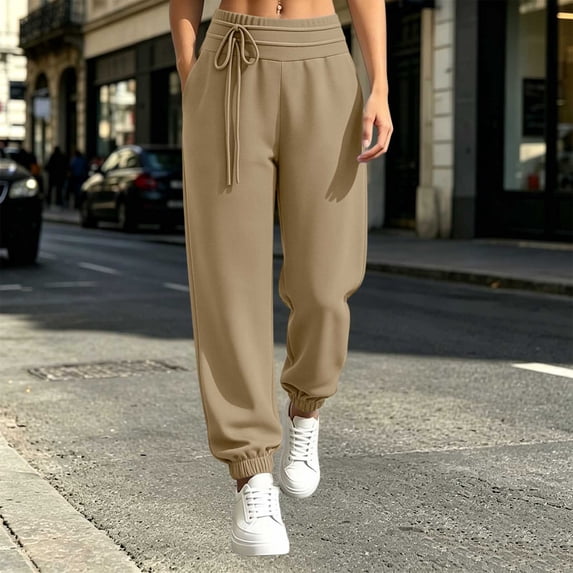 WIZUTIZ Women's Solid Color High Rise Elastic Drawstring Sweatpants with Decorative Ties and Pockets Long Length Casual Lounge Trousers Everyday Soft Stretchy