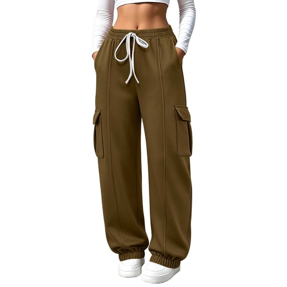 WIZUTIZ Women's Solid Color High Rise Jogger Pants Elastic Drawstring Waist Side Pockets Tapered Ankle Long Length Casual Sweatpants Soft Stretchy Everyday