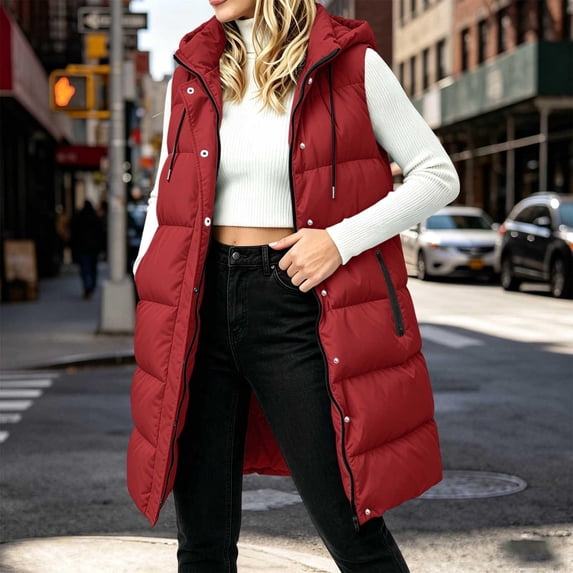 WIZUTIZ Women's Solid Color Long Puffer Vest Hooded High Neck Button Zip Front Pockets Down Cotton Warm Winter Sleeveless Jacket Outerwear