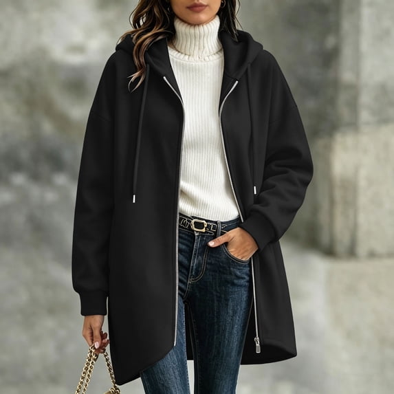 WIZUTIZ Women's Solid Color Zip Up Hoodie Drawstring Hood Mid-Length Sweatshirt Jacket Casual Loose Fit Outerwear with Pockets Fall Winter