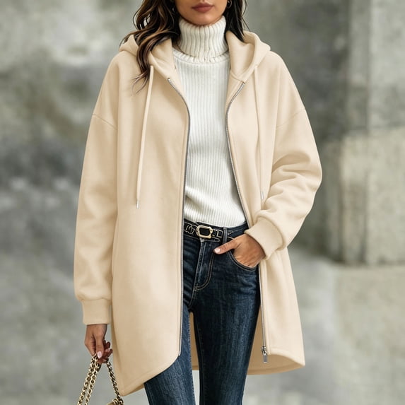 WIZUTIZ Women's Solid Color Zip Up Hoodie Drawstring Hood Mid-Length Sweatshirt Jacket Casual Loose Fit Outerwear with Pockets Fall Winter